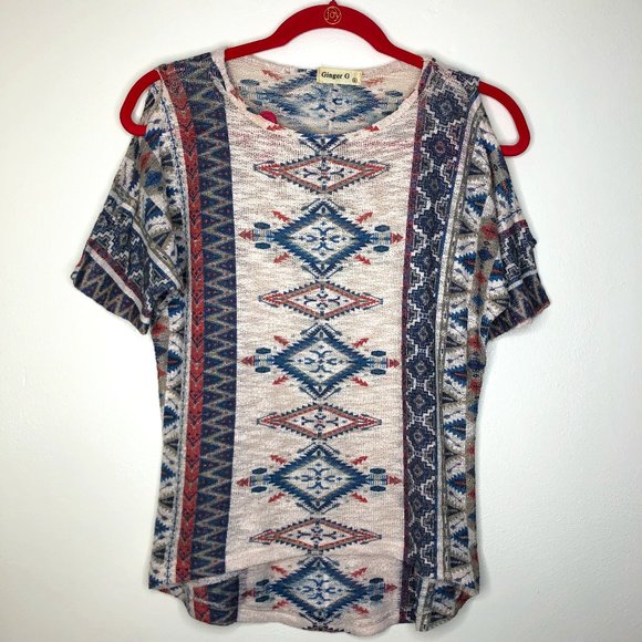 Ginger G Anthropologie Aztec Print HiLo Knit Style Cold Shoulder Top Size Small - Picture 1 of 10